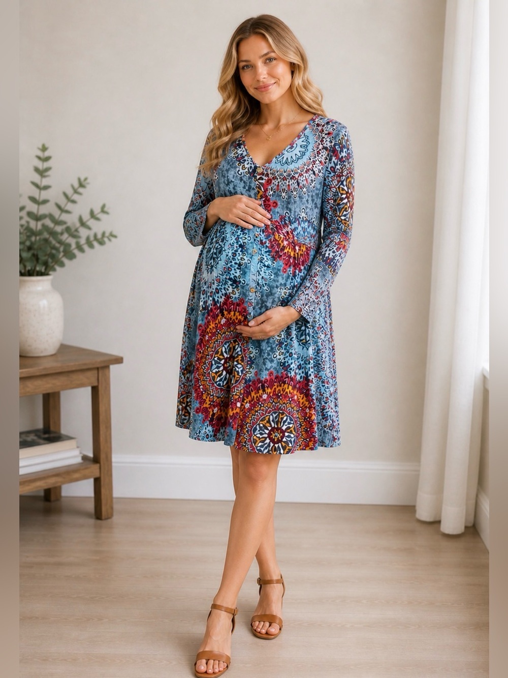 Boho Blue Multicolor Printed Long Sleeve Dress Size Large
